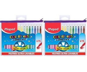 Maped - Feutres Long Life - 15 Feutres de Coloriage Ultra-lavables et Longue Durée - Pointe Moyenne Bloquée - Couleurs Vives - Idéal Fournitures Rentrée Scolaire - Trousse Plastique Zippée (Lot de 2)