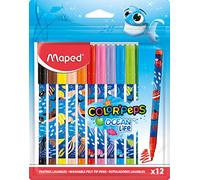 Maped - Feutres Ocean Life - Lot de 12 - Pointe moyenne de 2 mm - Parfait pour le dessin et la peinture - Pointe résistante (non bloquée) - Couleurs vives - Pochette en plastique réutilisable