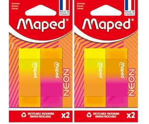 Maped - Gommes Neon Bi-Couleurs - Gomme Efficace, ne Laisse pas de Trace - Format Rectangle 22x12x61mm - 2 Gommes Néon (Lot de 2)