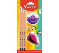 Maped - Kit de démarrage pour élèves en bois certifié FSC - 3 crayons Black'PEPS, 1 gomme Zenoa, 1 taille-crayon Clean - Vert, rose, bleu - Couleur aléatoire - 5 pièces (1 paquet)