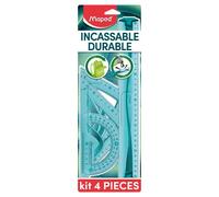 Maped Kit de Traçage INCASSABLE 4 pièces comprenant : 1 règle 30 cm, 1 équerre 60°/21cm, 1 équerre 45°/21 cm et 1 rapporteur 180°/12 cm Bleu
