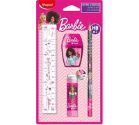 Maped - Set de Papeterie Barbie 4 Pièces - 1 Règle Transparente 15cm + 1 Taille-Crayons 1 Trou + 1 Gomme Tube Protégée + 1 Crayon Papier HB - Licence Barbie Officielle