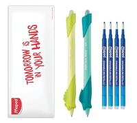 Maped - Lot de 2 Stylos Effaçable Kidy Learn - 2 Stylos Enfant Caméléon & Requin avec Gomme Intégrée - Rechargeables et Ergonomiques - Apprentissage de l'Écriture - Pack 4 Recharges Incluses