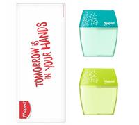 Maped - Lot de 2 Taille-crayons Shaker - 2 Trous et Réservoir Translucide - Bleu et Vert