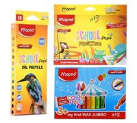 Maped Lot de 3 kits de coloriage : 15 crayons en plastique effaçables + 12 crayons de cire Jumbo + 15 pastels à l'huile | Mega Coloring Combo | Coffret cadeau pour enfants - Cadeau idéal pour un