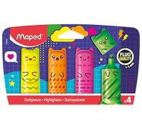 Maped - Lot de 4 Mini Surligneurs Fluo - Format compact en forme de personnages kawaï - Couleurs vives : jaune, orange, rose et vert