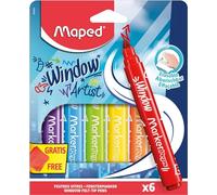 Maped Feutres pour vitres Marker'Peps, pointe large 5 mm, encre effaçable, 6 feutres + chiffon 20x20