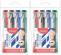 Maped - Marqueurs effaçables à sec, pochette x 4 Bleu, noir, rouge,vert - Pointe ogive large 2mm - Tableaux blancs, ardoises et surfaces non poreuses (Lot de 2)