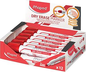 Maped - Marqueurs effaçables à sec Rouge x 12 - Pointe ogive large 2mm - Tableaux blancs, ardoises et surfaces non poreuses