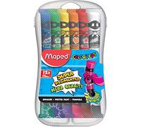 Maped - Peinture Gouache Enfant - 12 Couleurs Intenses Super Pigmentées - Facile à Ouvrir - Bouchon à Clapet - Boîte Plastique Incassable avec Compartiments de Dilution - 12 Tubes de 12 ml
