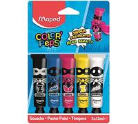 Maped - Peinture Gouache Enfant - 5 Couleurs Intenses Super Pigmentées - Facile à Ouvrir - Bouchon vissé - Couleurs Primaires - 5 Tubes de 12 ml, cyan, magenta, jaune, noir et blanc