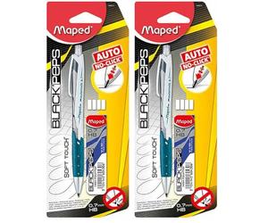 Maped - Porte-Mine HB 0,7mm + Étui-Mines + 4 Gommes - Crayon à Mine avec Embout Gomme et Sortie de Mine Automatique - Préhension Soft - Coloris Aléatoire Bleu, Rose, Vert (Lot de 2)