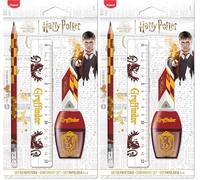 Maped - Set de Papeterie Gryffondor 4 Pièces - 1 Règle Transparente 15cm + 1 Taille-Crayons 1 Trou + 1 Gomme + 1 Crayon Papier HB - Licence Harry Potter Officielle (Lot de 2)