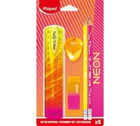 Maped - Set de Papeterie Neon - Kit Rentrée Ultra-Tendance - Règle Twist&Flex 15cm, 2 Crayons Graphite, Taille-Crayons Igloo, Gomme Bi-Couleur avec Fourreau