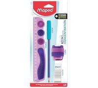 Maped - Set Kidy Learn Concentration Violet - Règle 20 cm incassable - Taille-crayons - Gomme - Crayon graphite embout relaxant sensoriel - Aide la concentration - Recommandé par les enseignants