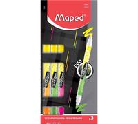 Maped - 3 Surligneurs Fluo Peps Duo - Stylos Fluo 2 en 1 avec Double Pointe - Confort d'Écriture sur Tous Types de Papier - Feutre Fluo Ergonomique Jaune + Vert + Rose + Orange