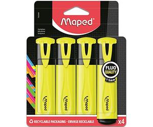 Maped - Surligneurs Fluo’Peps Classic - Longue Durée pour Usage Scolaire et Professionnel - Pack de 4 Surligneurs Jaune Fluo