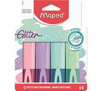 Maped - Surligneurs Paillettes x 4 - Pointe Biseautée 1 à 5mm - Lot de 4 Couleurs Pastel - Emballage Carton 100% Recyclable