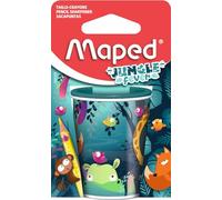 Maped - Taille-crayon canette en métal - Deux trous de différents diamètres - Grande capacité de réserve - Décor Jungle fever - Emballage carton recyclable