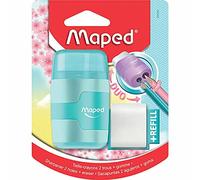 Maped Taille-Crayon Connect 2 Trous avec Gomme sans PVC + 1 Recharge Gomme Medium - Coloris Pastel Aléatoire Bleu, Violet ou Rose, 49230