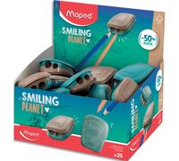MAPED Taille-Crayons 2 trous Smiling Planet composé à 50% de fibres de bois FSC,vendu en présentoir de 25