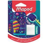 Maped - Taille-Crayons Gomme Duo Pixel Party - 2 en 1 - Taille-Crayons 2 Trous + Gomme, Sans PVC ni Phtalate - Avec Recharge Gomme
