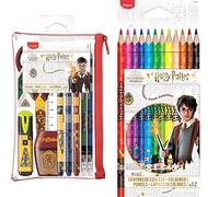 Maped - Trousse de Fournitures Scolaires Harry Potter 10 pièces - Ciseaux - 1 taille-crayons - 1 gomme - 1 surligneur - 3 feutres pointes fines-2 graphites Couleur & 12 Crayons de Couleur Harry Potter