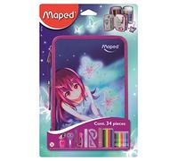 Maped - Trousse scolaire Garnie 2 Etages - 34 Pièces Fournitures Scolaires - Stylo, gomme, Taille-Crayon, Ciseaux, Compas, Crayon à Papier Hb, Crayons de Couleur, Feutres, Kit de Traçage - Butterfly