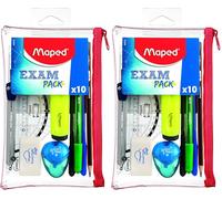 Maped - Trousse Transparente avec 10 pièces Daily Pack - La Trousse Complète pour l'école - 3 Stylos, 1 Crayon à Papier, 1 Surligneur, Compas, Gomme, Taille-Crayons, Règle 15cm, Equerre (Lot de 2)
