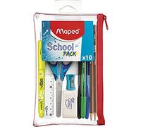 Maped - Trousse Transparente avec 10 pièces School Pack - La trousse Complète pour les Exams - 3 Stylos, 2 Crayons à Papier, 1 Surligneur, Ciseaux, Gomme, Taille-crayons, Règle 15 cm 899705