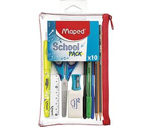 Maped - Trousse Transparente avec 10 pièces School Pack - La trousse Complète pour les Exams - 3 Stylos, 2 Crayons à Papier, 1 Surligneur, Ciseaux, Gomme, Taille-crayons, Règle 15 cm 899705