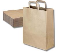 MAQA - 50 Shoppers Papier Kraft Havane avec poignée plate - Papier de 90 g/m² résistant et réutilisable - Idéal pour Take Away et Delivery - Eco-Friendly, 20 sacs en papier, 26 x 18 x 26 cm, Style
