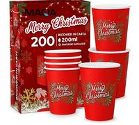 MAQA - Lot de 200 verres en papier pour eau de Noël - Merry Christmas - 200 ml, biodégradables et compostables - Verres en papier jetables éco-friendly pour boissons chaudes et froides - Idéal pour