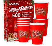 MAQA - Lot de 500 gobelets en papier pour eau de Noël - Joyeux Noël - 200 ml, biodégradables et compostables - Gobelets en papier jetables éco-friendly pour boissons chaudes et froides - Idéal pour