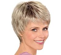 MAQBE Élégant Nouveau Blond Court Légère Ondulé Cheveux Perruque Résistant À La Chaleur pour Femmes Dame, Court Pixie Cut Perruques de Cheveux Humains Fluffy Ombre Blonde Cheveux pour Femmes