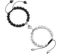 MAQDDO Bracelets de distance 2 pièces/ensemble perles pierre bracelet tressé amoureux coeur aimant réglable bijoux d'ami pour Décoration(Lava-White)