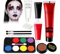 Maquillage Blanc Noir Halloween - Palette Maquillage pour Visage Enfant Femme Adulte Kit, Makeup Professionnel Avec Peinture Visage de 8 Couleurs+ Faux Sang Lavable+ Latex Cicatrice+ Pinceau Eponge