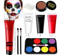 Maquillage Blanc Noir Halloween pour Visage Kit - Palette Maquillage Makeup Professionnel Enfant Femme Adulte Avec Peinture Visage de Faux Sang, 8 Couleurs, Lavable,Latex Cicatrice, Pinceau Eponge