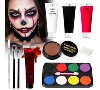 Maquillage Carnaval Enfant pour Visage, Maquillage Halloween Professionnel pour Faux Sang Adulte, Kit Halloween Makeup Palette Peinture Corporelle Palette de 8 Couleurs+Cire De Cicatrice+ Faux Sang
