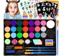 Maquillage Enfant 28 Couleurs Peinture Visage Enfant, Peinture Corporelle Palette Maquillage Carnaval Cadeau Fille 3 4 5 6 7 8 9 10 Ans avec 3 Pinceaux, 30 Pochoirs pour Noël, Halloween, Pâques