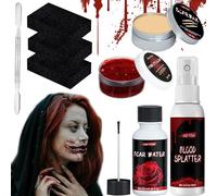 Maquillage Halloween Effets Spéciaux, Kit de Maquillage Halloween, Faux Sang en Spray + Cire De Cicatrice + Faux Gel Coagulé + Eau Cicatrice + Éponge à Pointillés + Spatule, Maquillage de Vampire