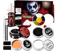 Maquillage Halloween Enfant Adulte pour Visage - Professionnel Makeup Kit avec Spray Faux Sang+Plasma Coagulé+Latex+Palette Maquillage 6 Couleurs+Cire de Cicatrice+Maquillage (Noir, Blanc)