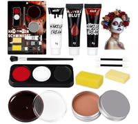 Maquillage Halloween Enfant pour Visage - Kit Maquillage Halloween Professionnel Adulte pour Carnaval Cosplay, Makeup Palette Peinture Corporelle Palette de 3 Couleurs + Faux Sang + Latex Cicatrice