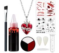 Maquillage Halloween, Faux Sang, Tatouage Halloween Cicatrice Araignée, Dent de Vampire, Maquillage Blanc Rouge Noir Visage, Vampire Clown Zombie Accessoire Set Enfant Adulte pour Carnaval Cosplay