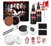 Maquillage halloween pour visage, 11 pièces Faux Sang Maquillage Set Avec Peinture Corporelle Noir et Blanc,Faux Sang,Cire de cicatrice,éponges,Autocollant Cicatrice,Outil Spatule