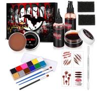 Maquillage halloween pour visage, 12 pièces Faux Sang Maquillage Set Avec Peinture Visage,Faux Sang,Cire de cicatrice,éponges,Autocollant Cicatrice,Outil Spatule