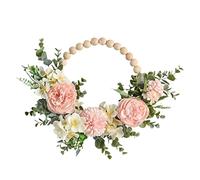 Maqulae Couronne de Porte en Perles de Bois, Couronne Florale (4) | Perles de Bois Rustiques, Fleurs en Soie et Verdure, Décoration Murale Intérieure et Extérieure pour Porte D'entrée, Toile