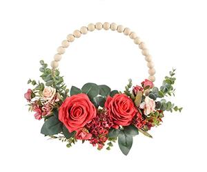 Maqulae Couronne de Porte en Perles de Bois, Couronne Florale (8) | Perles de Bois Rustiques, Fleurs en Soie et Verdure, Décoration Murale Intérieure et Extérieure pour Porte D'entrée, Toile