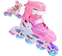 Maqulae Patins à Roues Alignées Réglables pour Enfants, Patins à roulettes 2 en 1, 4 Tailles Réglables, avec Roues éclairantes pour Enfants Garçons Filles (Chaussures Roses Full Flash #94)