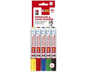 Marabu 0125000000083 - Porcelain & Glas Painter Kids, Set Maxi Fun avec 5 couleurs, stylo pour porcelaine et verre pour enfants, peinture facile, passe au lave-vaisselle après cuisson, pointe 1 à 3 mm